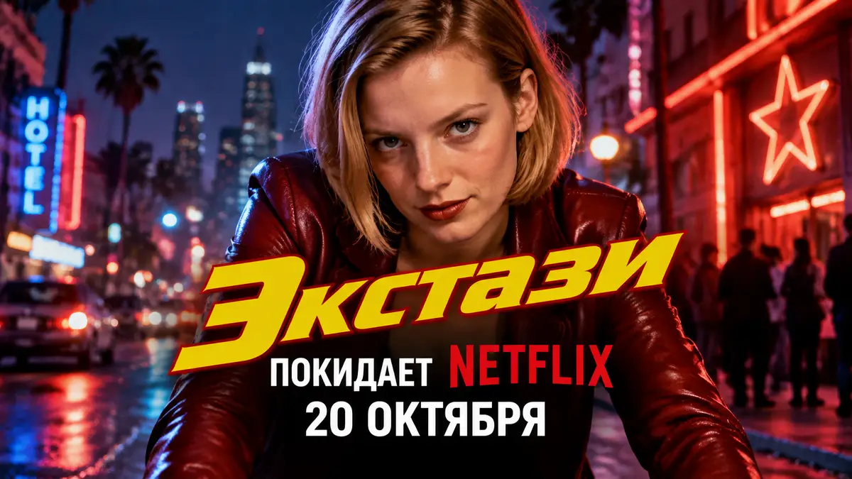 Постер криминальной комедии «Экстази»: Сара Полли в роли Ронны на фоне ночного неонового города