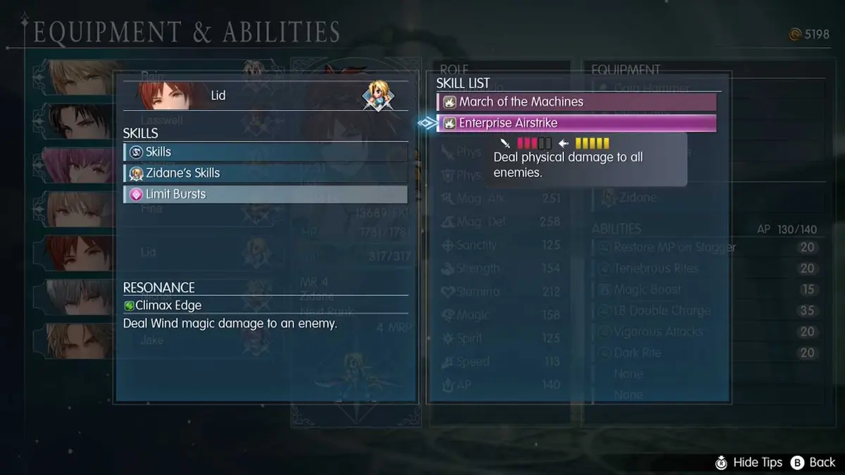 Lid's limit bursts in Final Fantasy Resonance