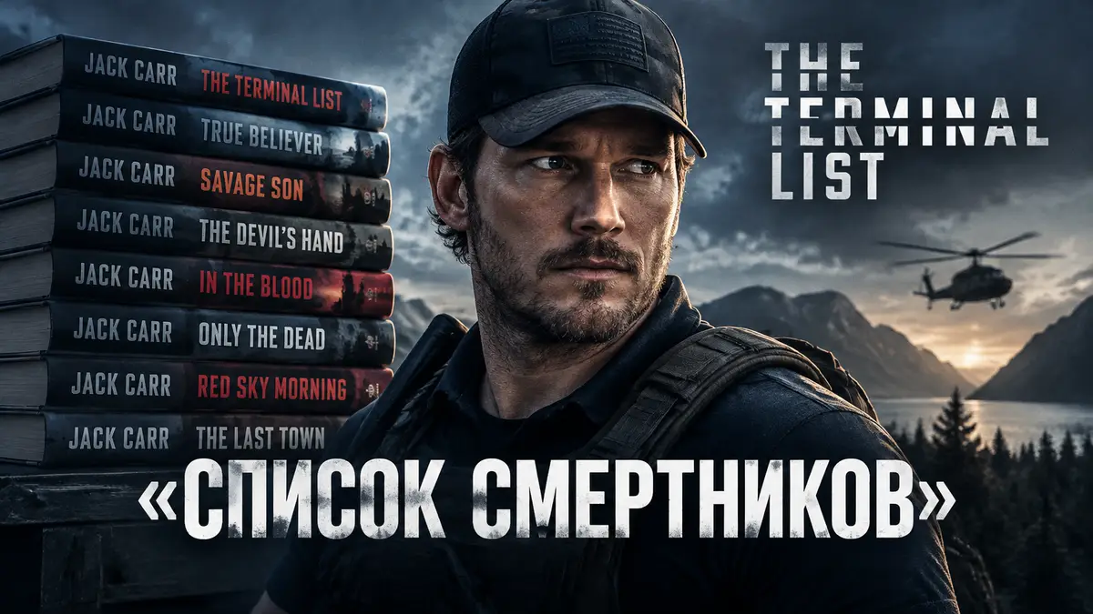 Крис Пратт в образе Джеймса Риса на фоне стопки книг Джека Карра «Список смертников», логотип сериала