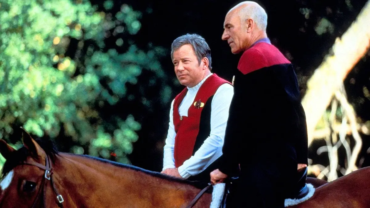 Captain Kirk and Picard in uniform on horseback from Star Trek Generations