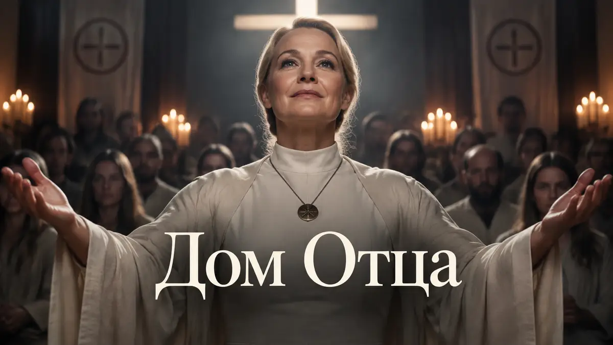 Постер фильма «Дом Отца»: Трине Дюрхольм в роли лидера секты на фоне тёмного зала датской общины