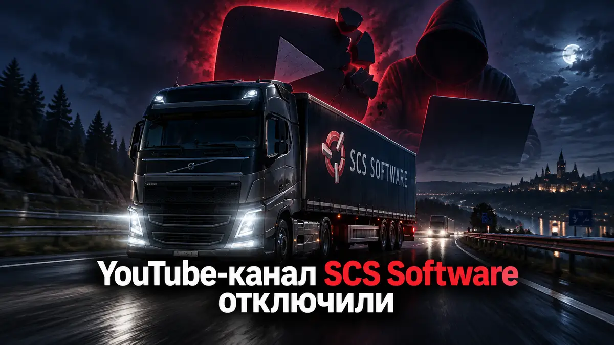 Грузовик из Euro Truck Simulator 2 на ночной трассе, над ним погасший логотип YouTube и символ взлома