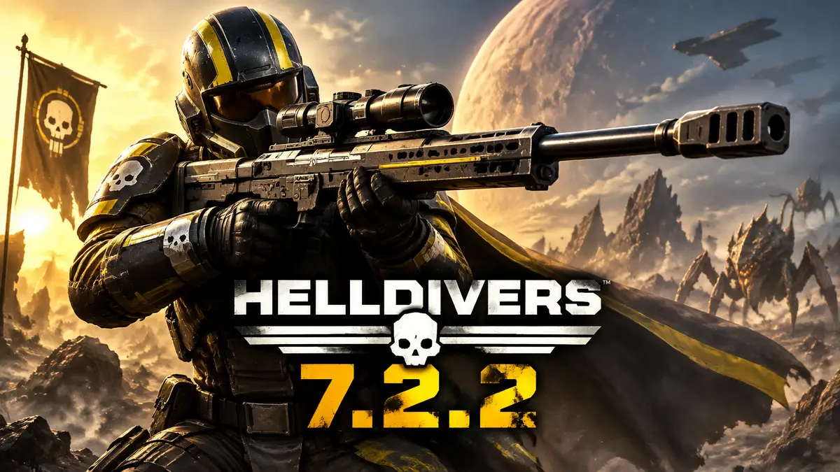 Боец Helldivers 2 в шлеме и бронекостюме с длинной винтовкой AMW-20 APEX на фоне чужой планеты