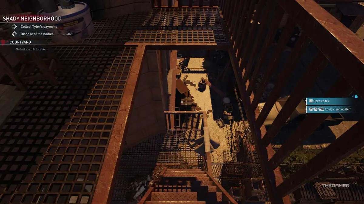 Kovalsky is moving down on fire escape stairs in Crime Scene Cleaner