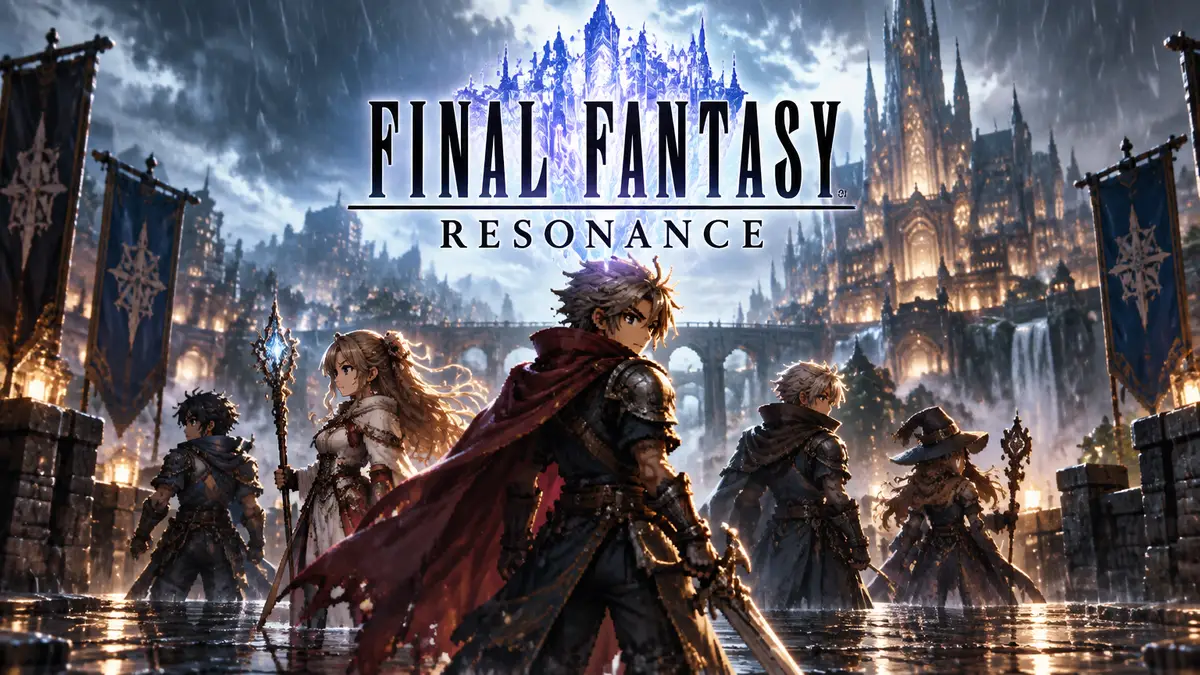 Отряд героев Final Fantasy Resonance под дождём в стиле HD-2D, логотип Final Fantasy на фоне города