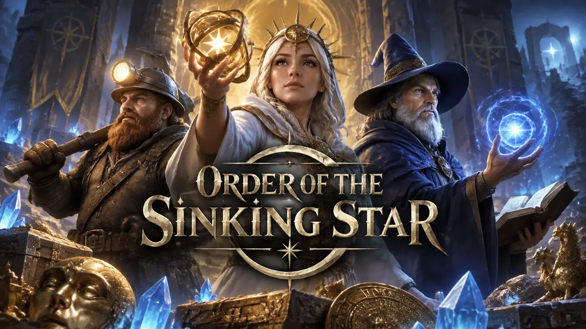 Отряд героев Order of the Sinking Star — шахтёр, волшебник и жрица — среди древних артефактов и кристаллов