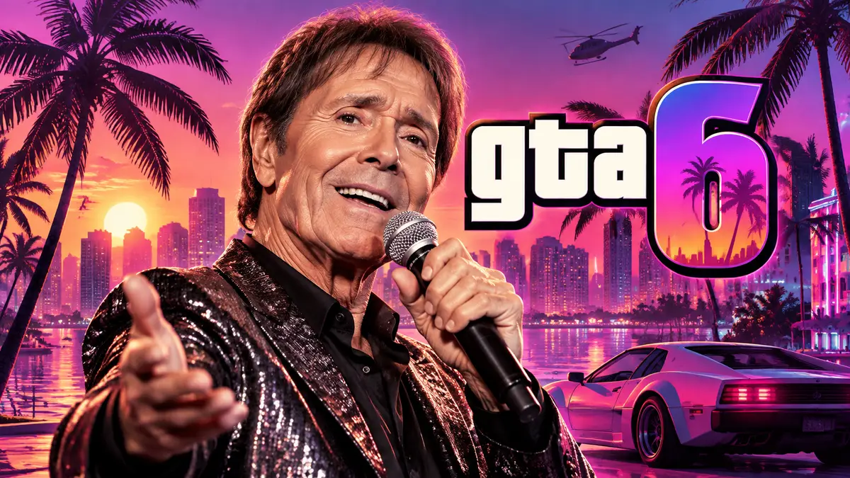 Пожилой певец Клифф Ричард с микрофоном на фоне неонового Вайс-Сити и логотипа GTA 6 в стиле постера