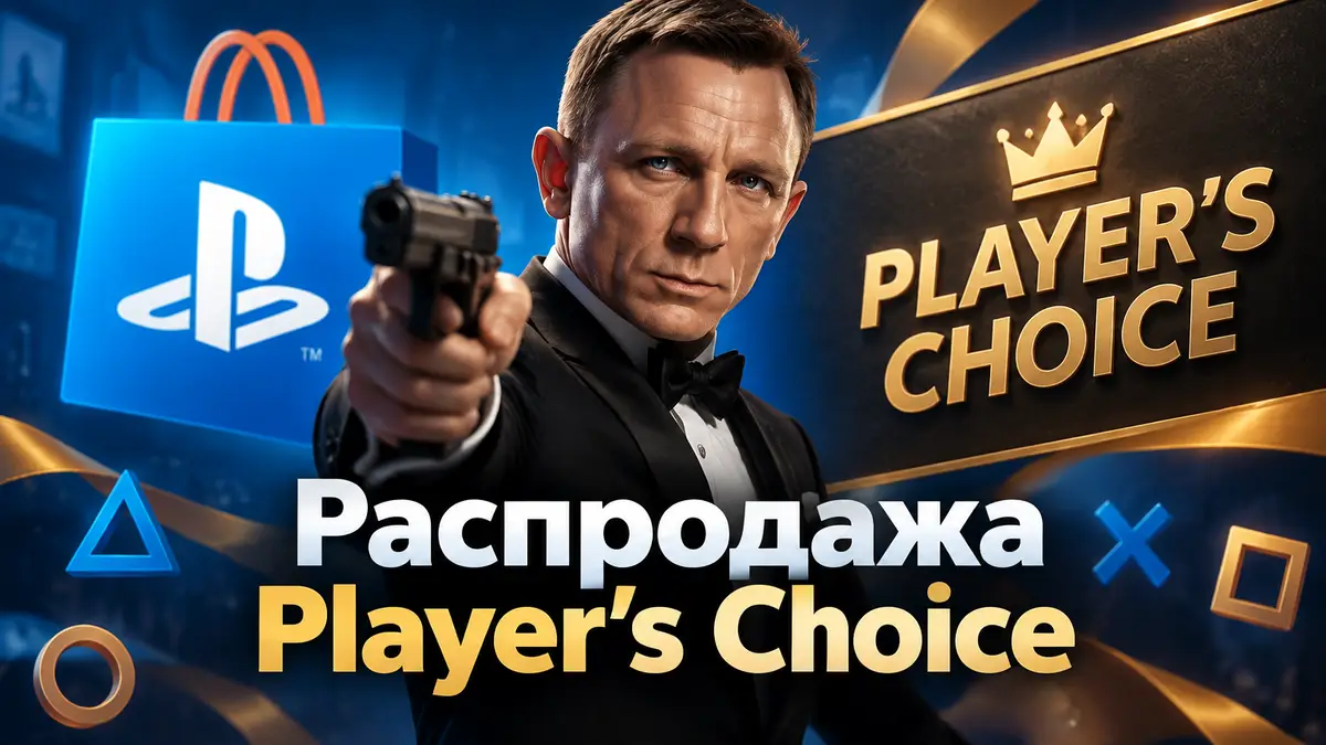 Джеймс Бонд в смокинге на фоне логотипа PlayStation Store и баннера распродажи Player's Choice