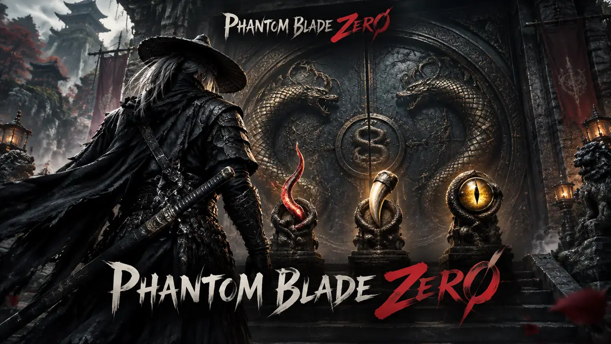 Воин Soul из Phantom Blade Zero перед древней змеиной дверью с тремя ключами, стиль уся и логотип игры