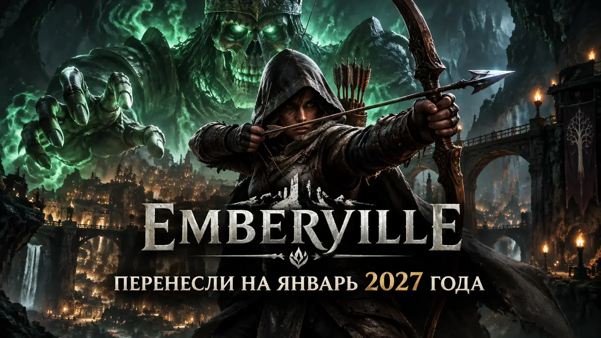 Герой Emberville с луком у подземного городка, позади гигантский скелет с зелёным огнём, тёмное фэнтези