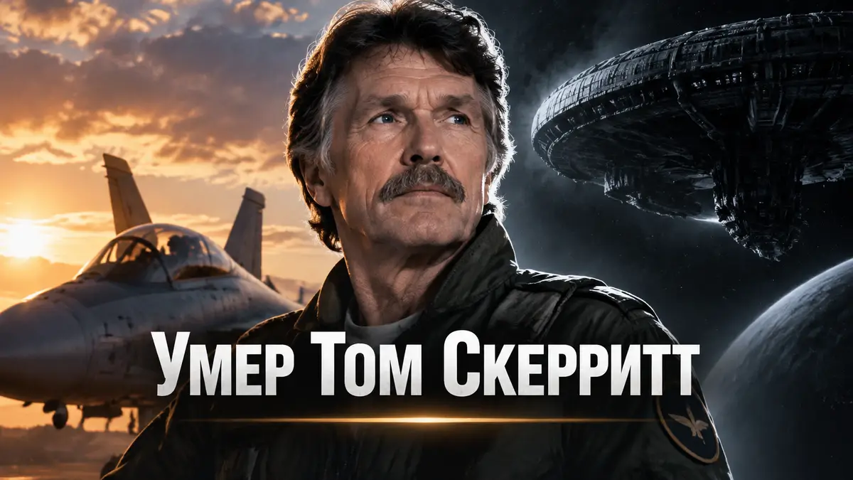 Том Скерритт с густыми усами в лётной куртке на фоне неба и космического корабля, постер памяти актёра
