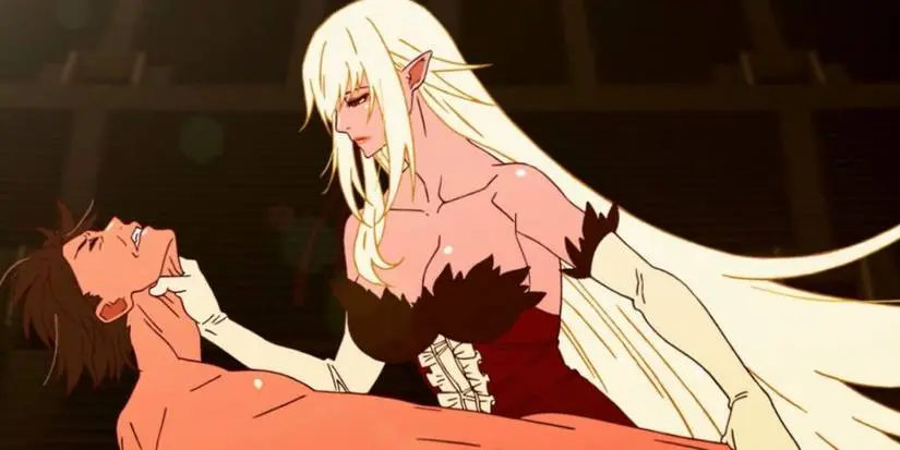 Kiss Shot chokes Koyomi Araragi in Kizumonogatari.