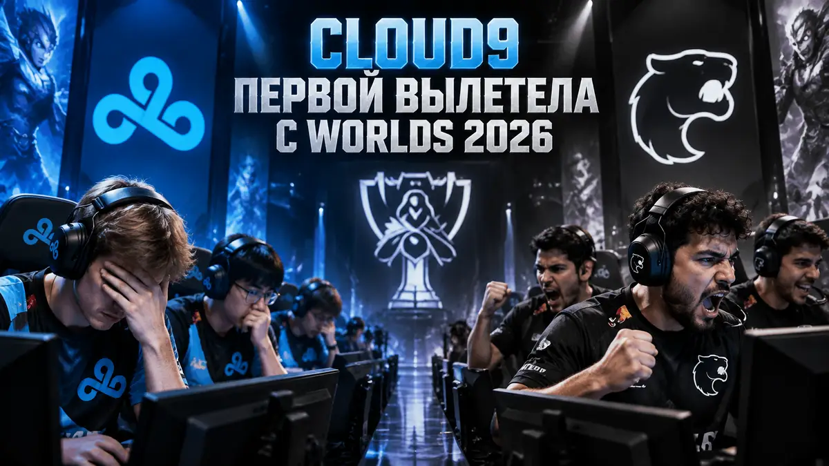 Игроки Cloud9 и FURIA за компьютерами на сцене Worlds 2026 по League of Legends, логотипы команд