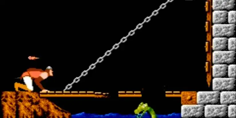 Dragon's Lair NES gameplay with the player opening the drawbridge.