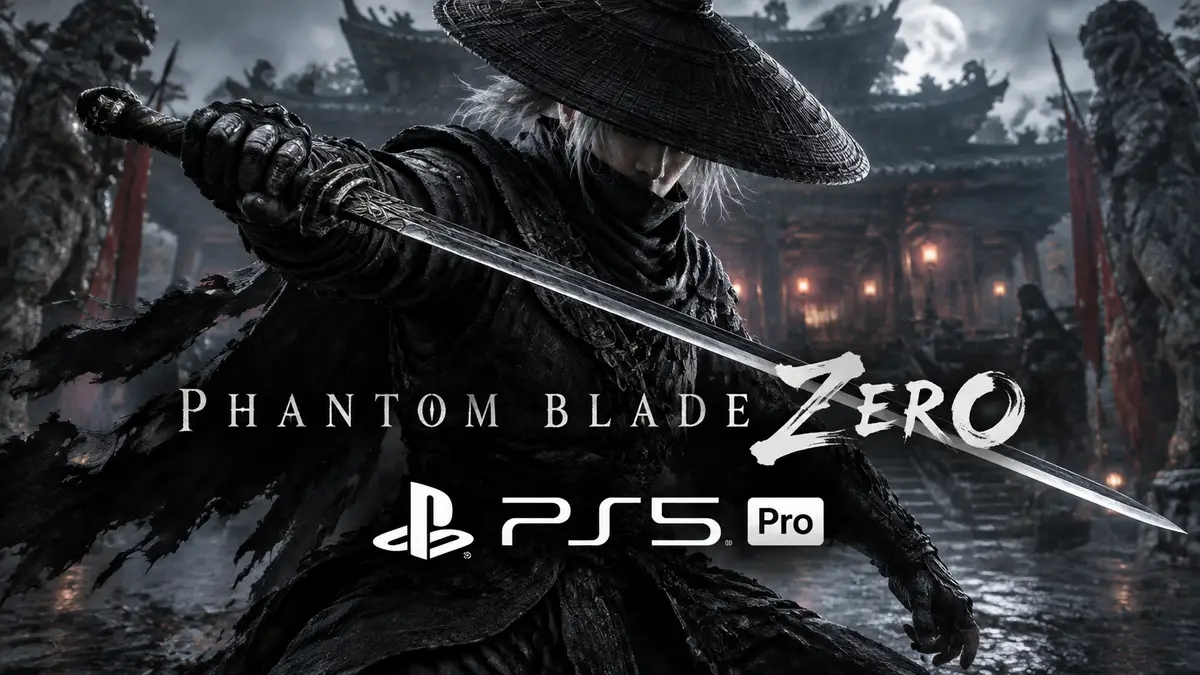 Мечник из Phantom Blade Zero в боевой стойке на фоне мрачного храма, логотип игры и PS5 Pro