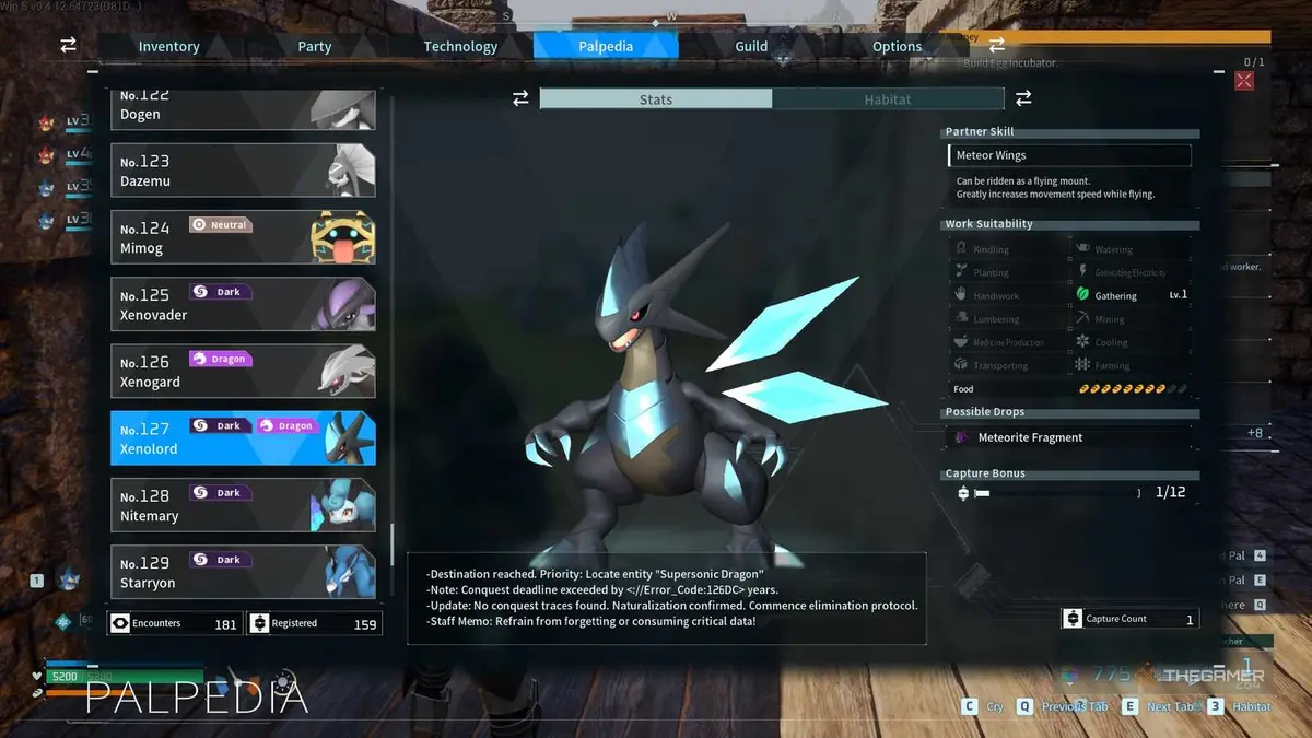 The player is checking Xenolord's Palpedia entry in Palworld.