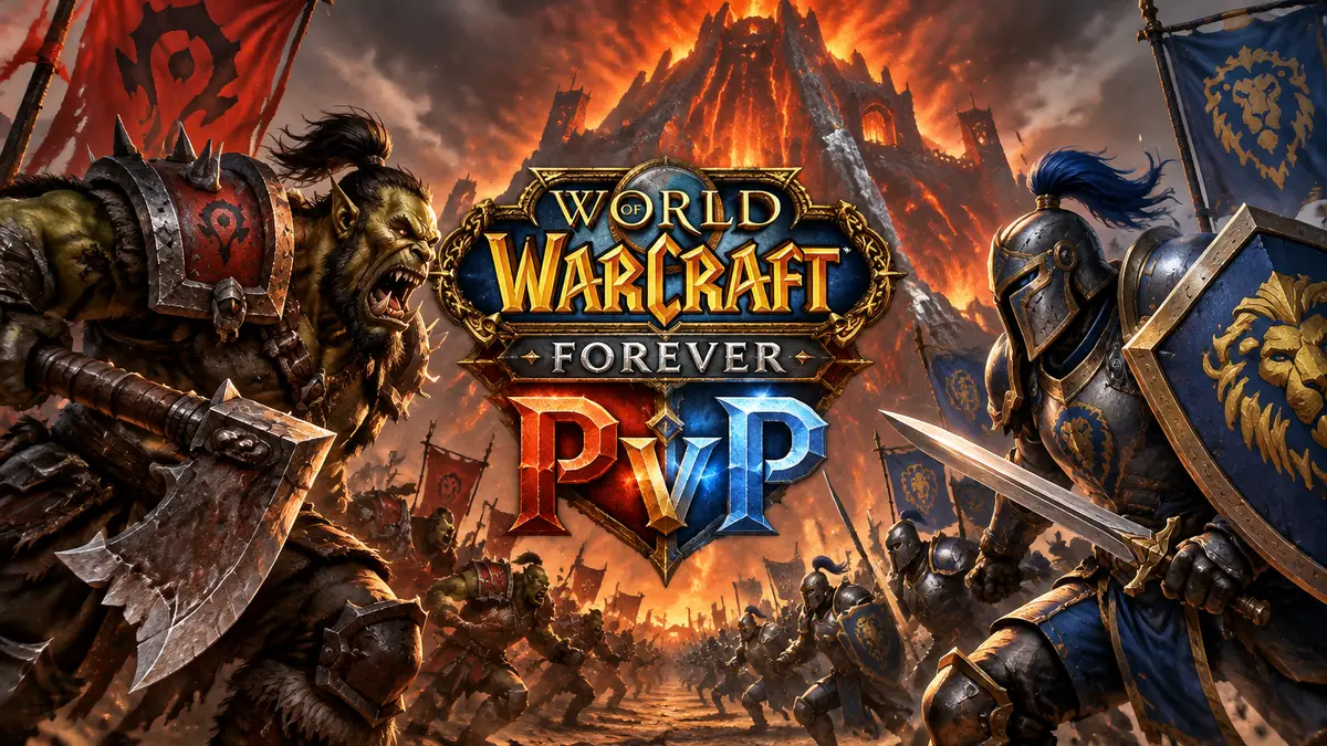 Орки Орды и рыцари Альянса сходятся в битве у Чёрной горы, логотип World of Warcraft: Forever, PvP
