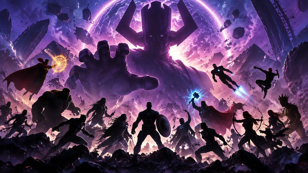 Герои Marvel Rivals в стиле Avengers: Endgame выстроились против одного врага на фоне логотипа игры
