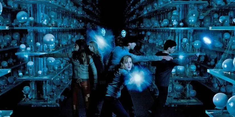 Harry, Hermione, Ginny, Neville, and Luna face off against Death Eaters in the Ministry of Magic in Harry Potter.