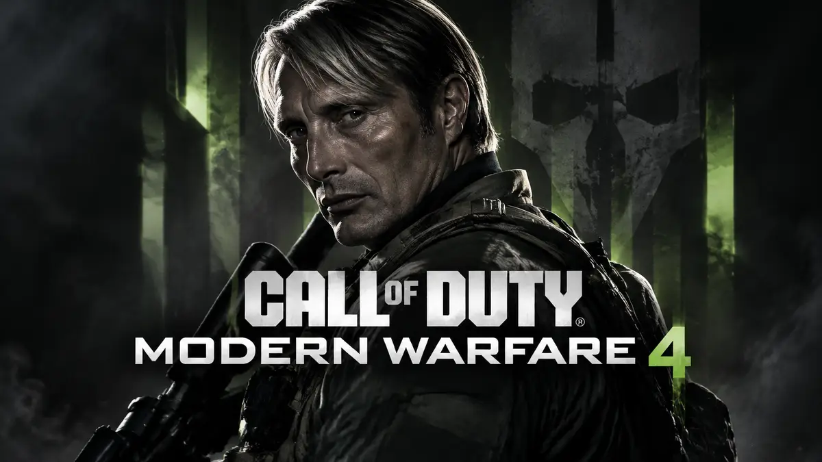 Мадс Миккельсен в образе персонажа Modern Warfare 4 на тёмном фоне с логотипом Call of Duty