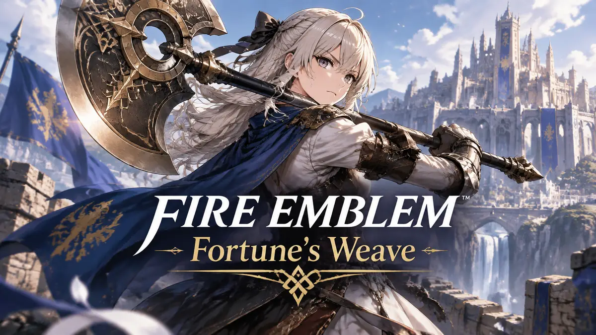 Леда с массивным топором Prototype V на фоне города Dagsion, key art Fire Emblem Fortune's Weave DLC