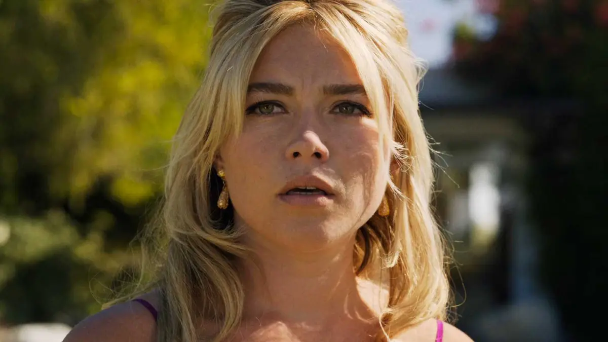 Florence Pugh looking worried in Don't Worry Darling