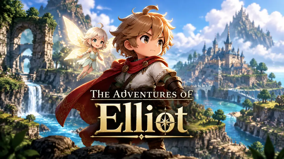 Эллиот и фея Фэйе на фоне сказочных земель в HD-2D стиле, key art The Adventures of Elliot Square Enix