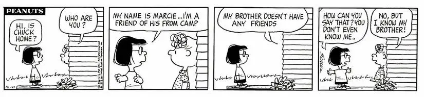 Marcie introduces herself by name to Sally in the Peanuts comic strip for the first time.