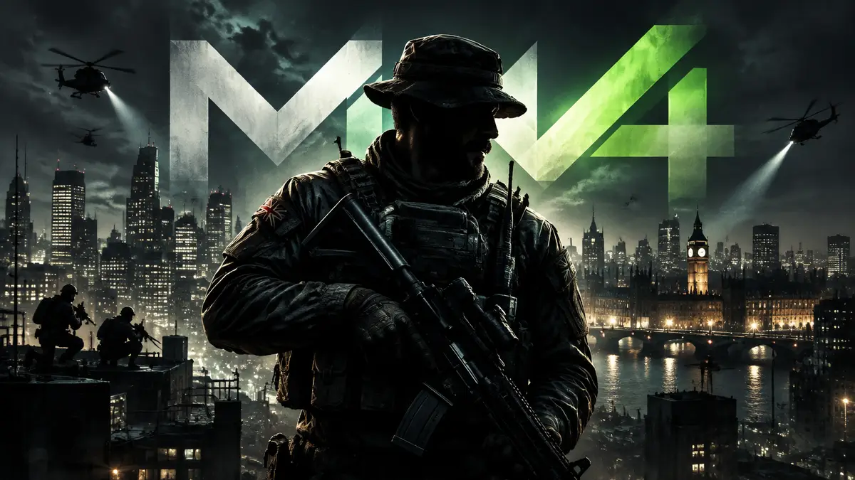 Капитан Прайс в тактическом снаряжении на фоне ночного города, логотип Call of Duty: Modern Warfare 4