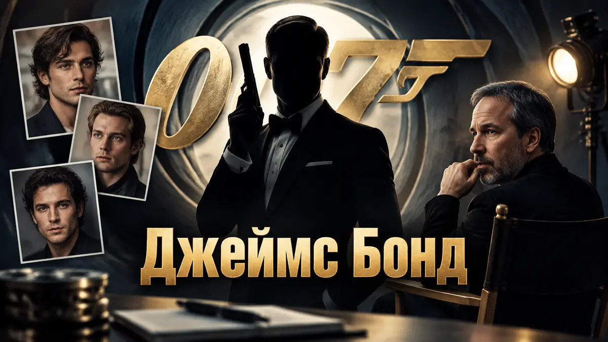 Силуэт Джеймса Бонда в смокинге с пистолетом на фоне логотипа 007, кастинг нового агента у Вильнёва