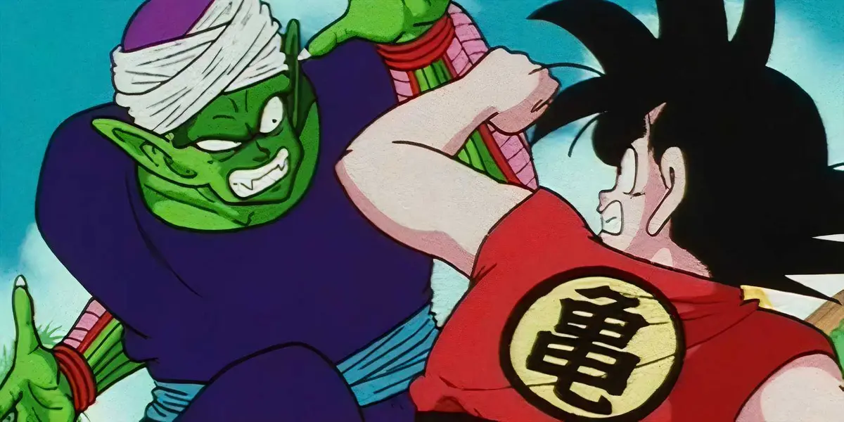 Goku and Piccolo Jr. exchange punches in the Piccolo Jr. Saga from Dragon Ball.