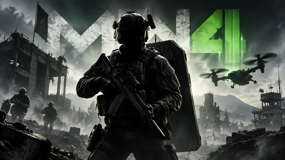 Солдат Call of Duty: Modern Warfare 4 с щитом за спиной на фоне боевого дрона и логотипа MW4