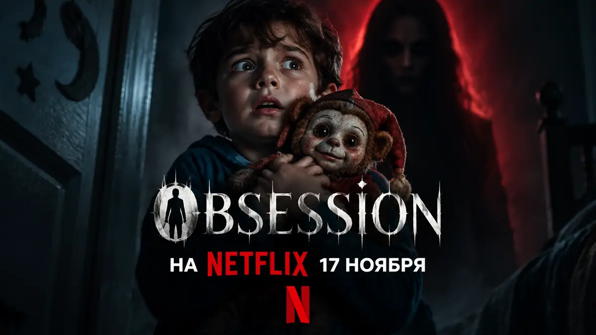 Постер хоррора Obsession: испуганный Бир держит волшебную игрушку, за ним силуэт Никки, логотип Netflix