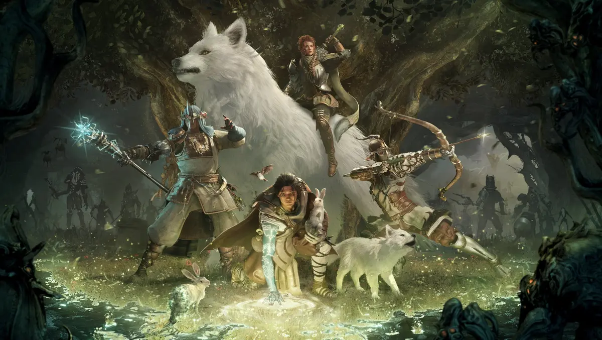 A big wolf and a group of warriors waving various weapons plus some cute forest animals in key art for Soulframe.