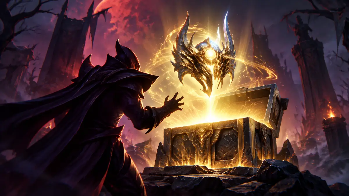 Персонаж Dota 2 рядом с открывающимся светящимся сундуком с арканой