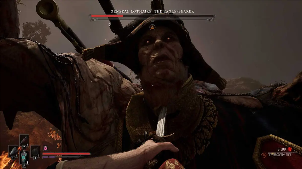 Valor Mortis stabbing General Lothaire with a sword.