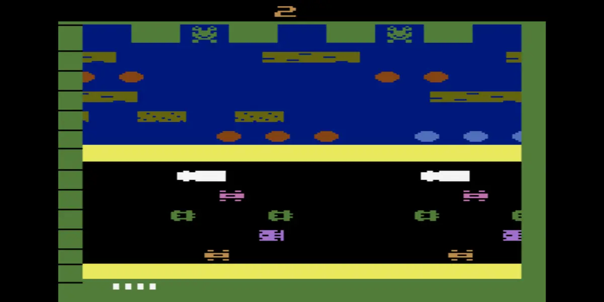 The Frogger game features cars and logs.