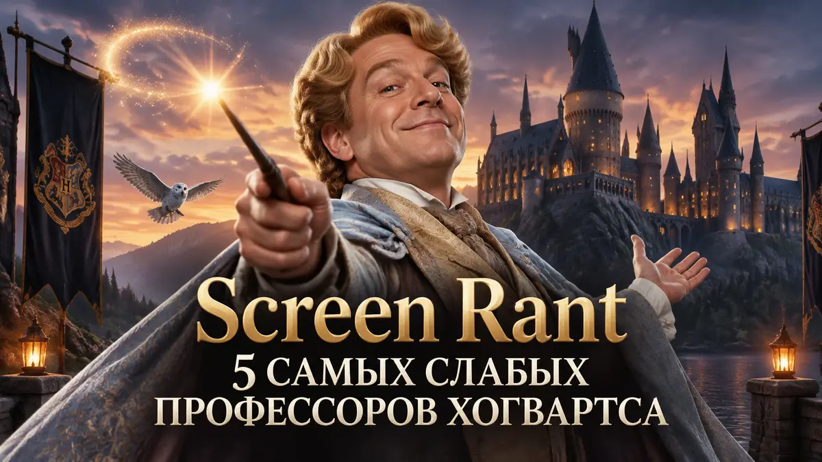 Златопуст Локонс в нарядной мантии с палочкой на фоне замка Хогвартс, постер в стиле Гарри Поттера