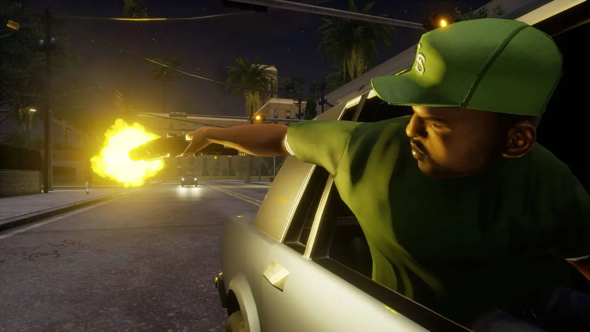 An official GTA San Andreas screenshot showing sweet firigin a handgun from a car