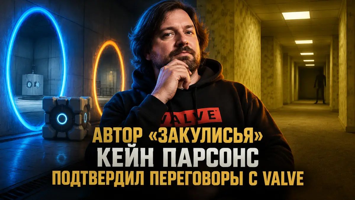 Кейн Парсонс в худи Valve на фоне светящихся порталов Portal и желтых коридоров Закулисья