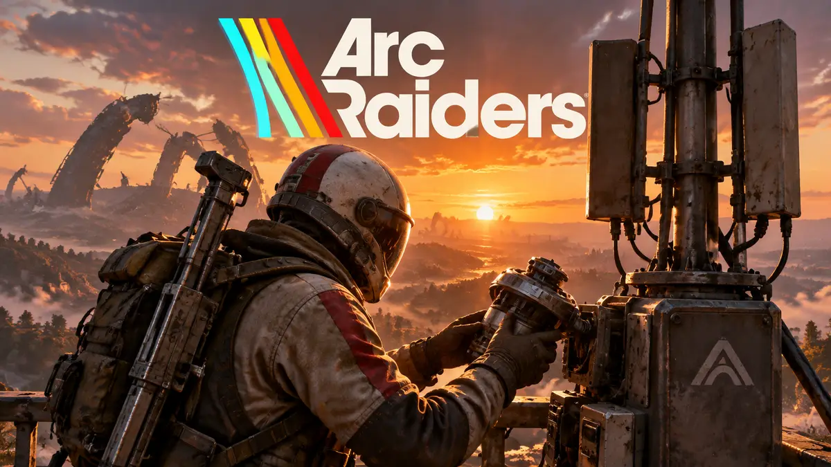 Рейдер Arc Raiders у антенны на вершине башни, в руках деталь машины Arc, конструкции и закат
