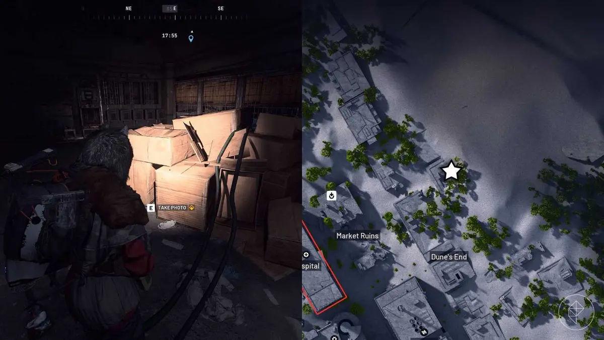 The left-hand side of the image shows the player standing at the objective in Arc Raiders while the right-hand side of the image shows the location marked on the in-game map with a star.