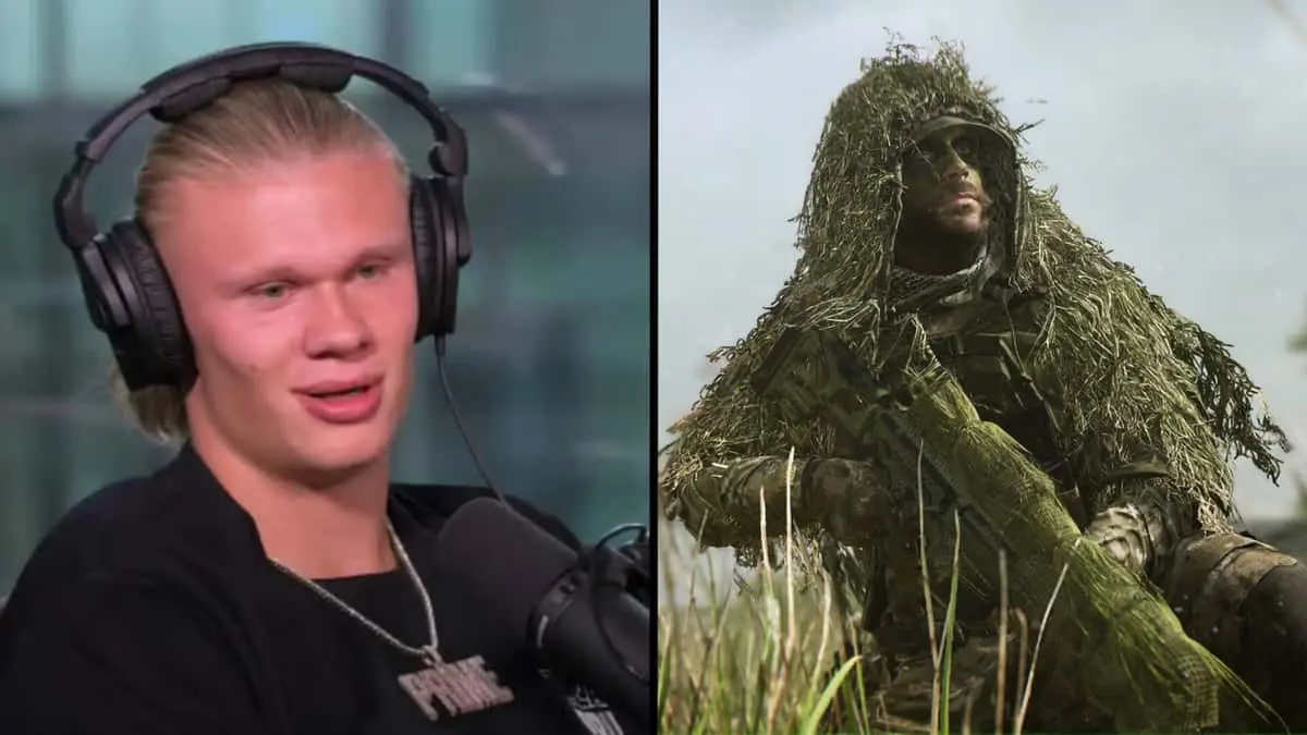 Erling Haaland in black t-shirt with headphones on alongside sniper in Call of Duty
