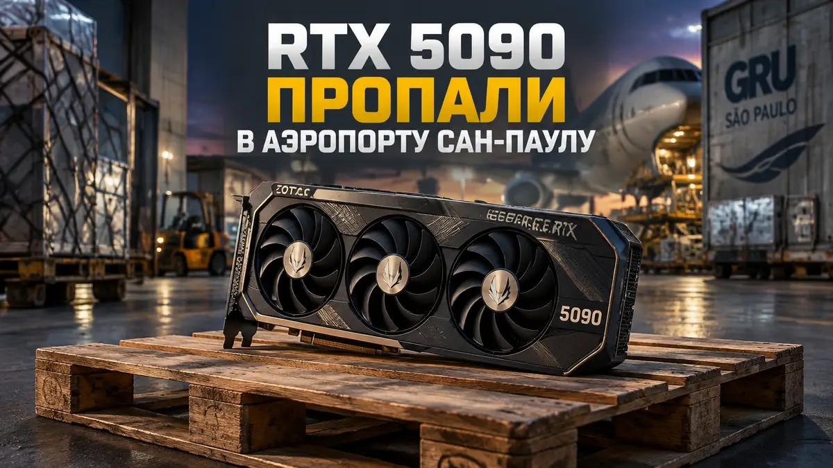 Видеокарта Zotac GeForce RTX 5090 на пустой палете в грузовом терминале аэропорта Сан-Паулу