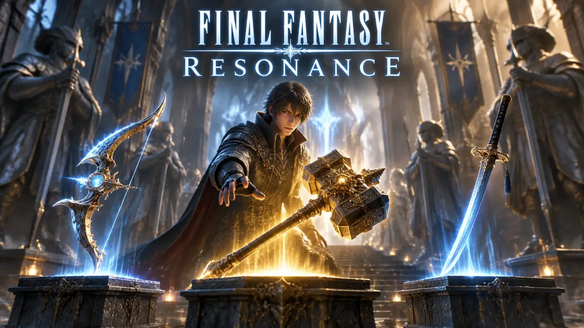 Легендарное оружие Final Fantasy Resonance: лук, молот и катана в древнем зале Chamber of Arms
