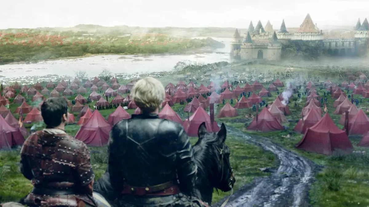 Brienne and Podrick looking over the Lannister host in the Riverlands in Game of Thrones.