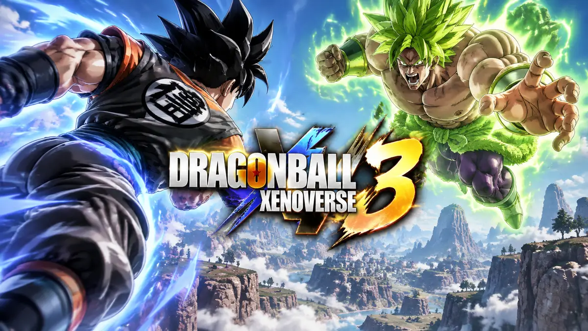 Сайян-воин в стиле Dragon Ball Xenoverse 3 сражается с Броли в небе, логотип игры над горами