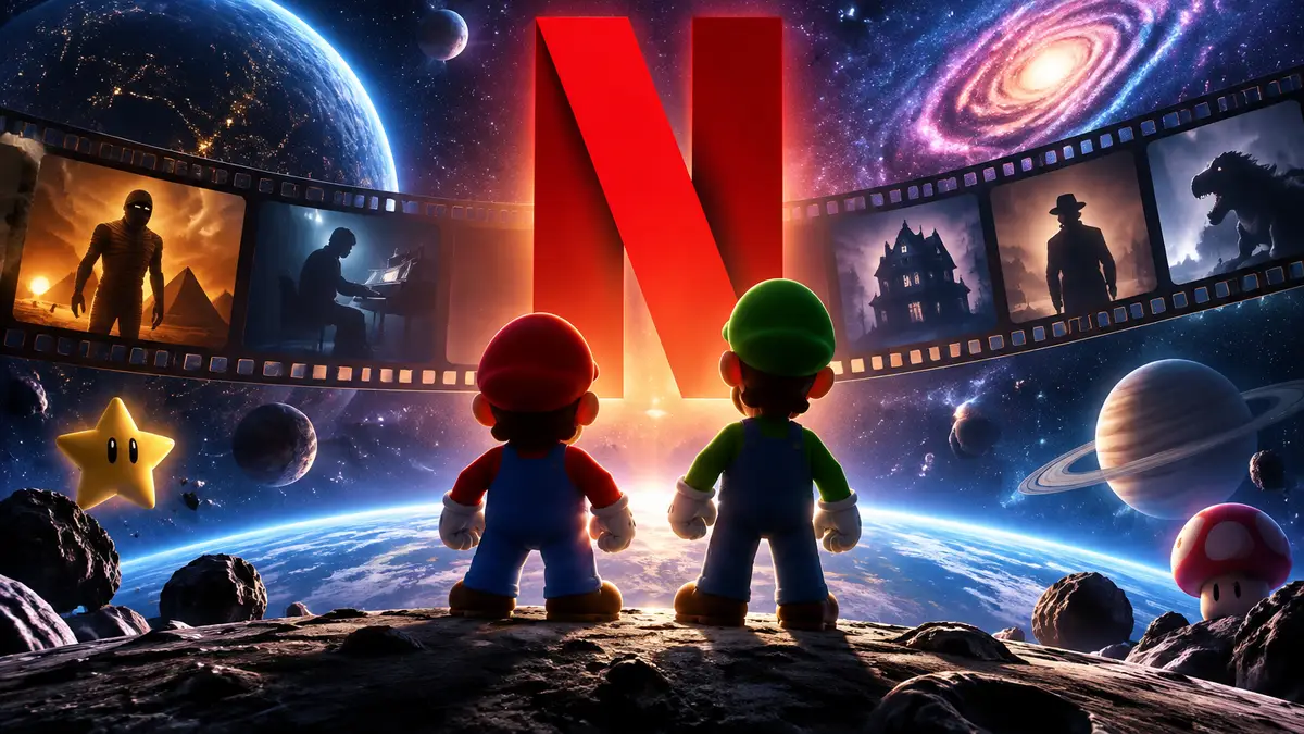 Марио и Луиджи в космосе среди звёзд и планет, рядом логотип Netflix — фильмы ноября 2026 года