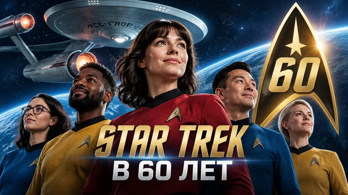 Фанаты Star Trek в форме Звёздного флота на фоне звездолёта Энтерпрайз и логотипа к 60-летию