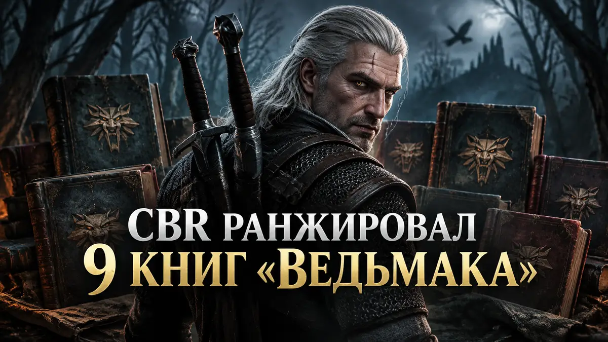 Геральт из Ривии с двумя мечами за спиной на фоне старинных книг саги «Ведьмак» и мрачного леса